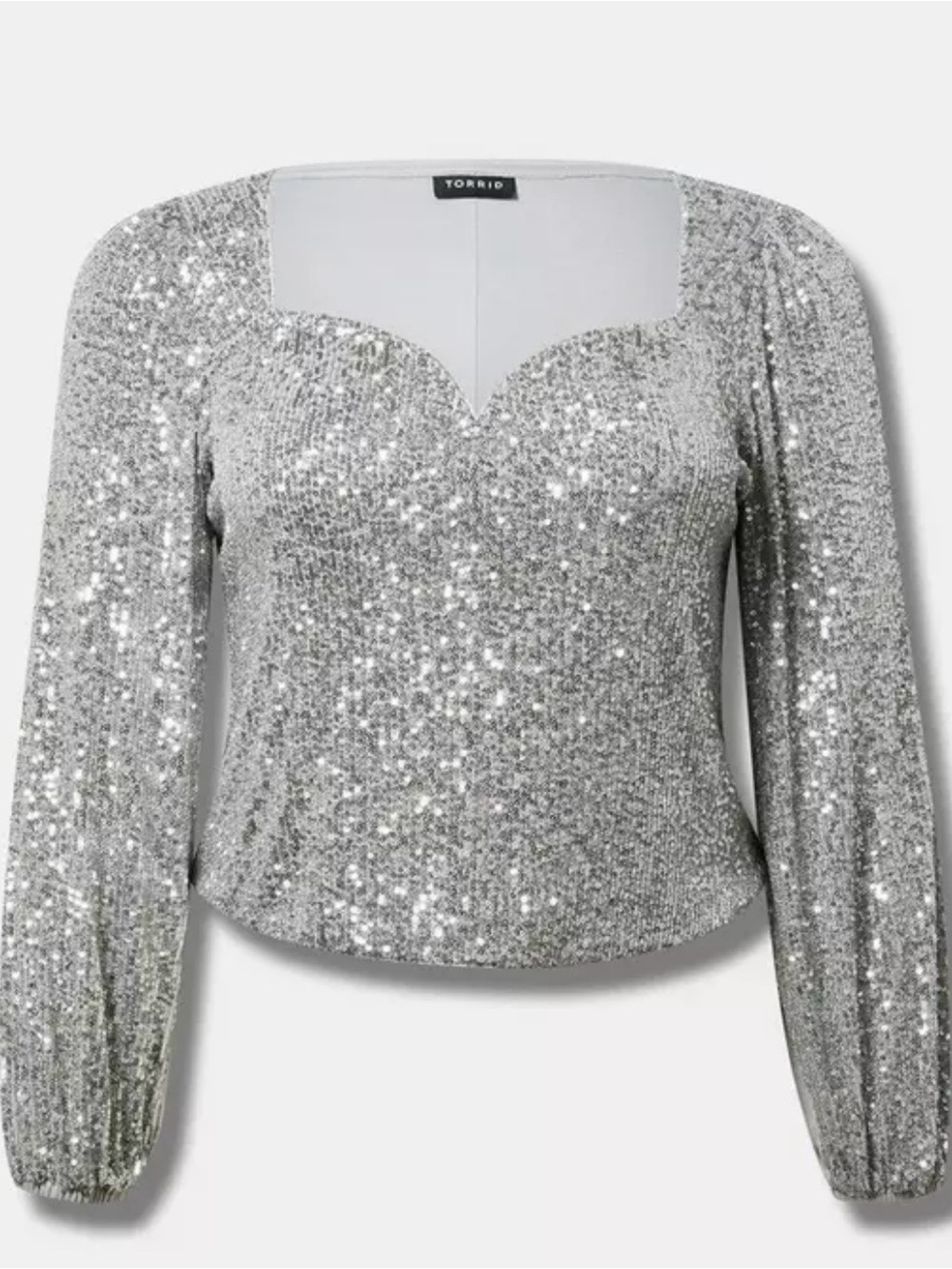 Silver Sequin Long-Sleeve Sweetheart Neck Top